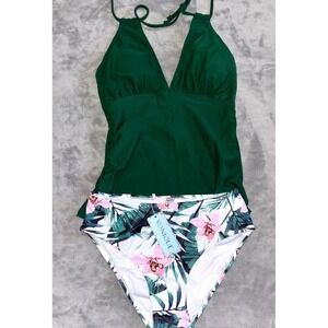 Yonique Swimsuit Tankini Set Womens Small Green Tropical High Waist Halter Neck